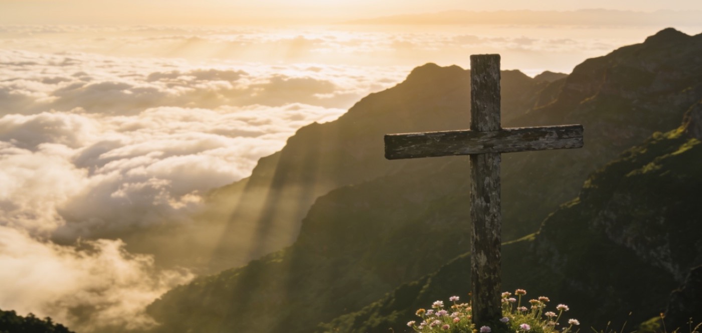 A wooden cross above Madeira's mountains at sunrise