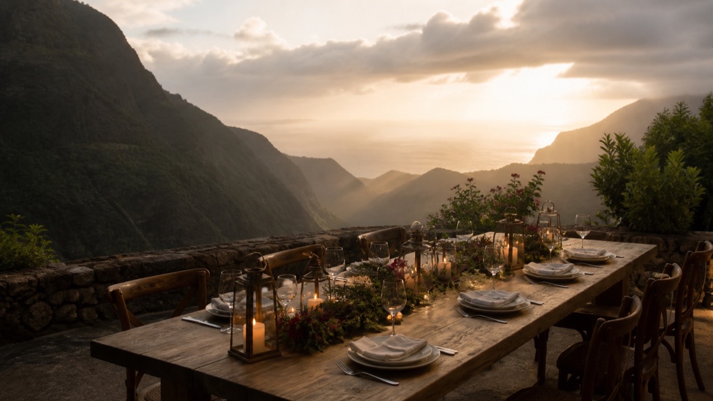 An intimate celebration table overlooking Madeira at golden hour